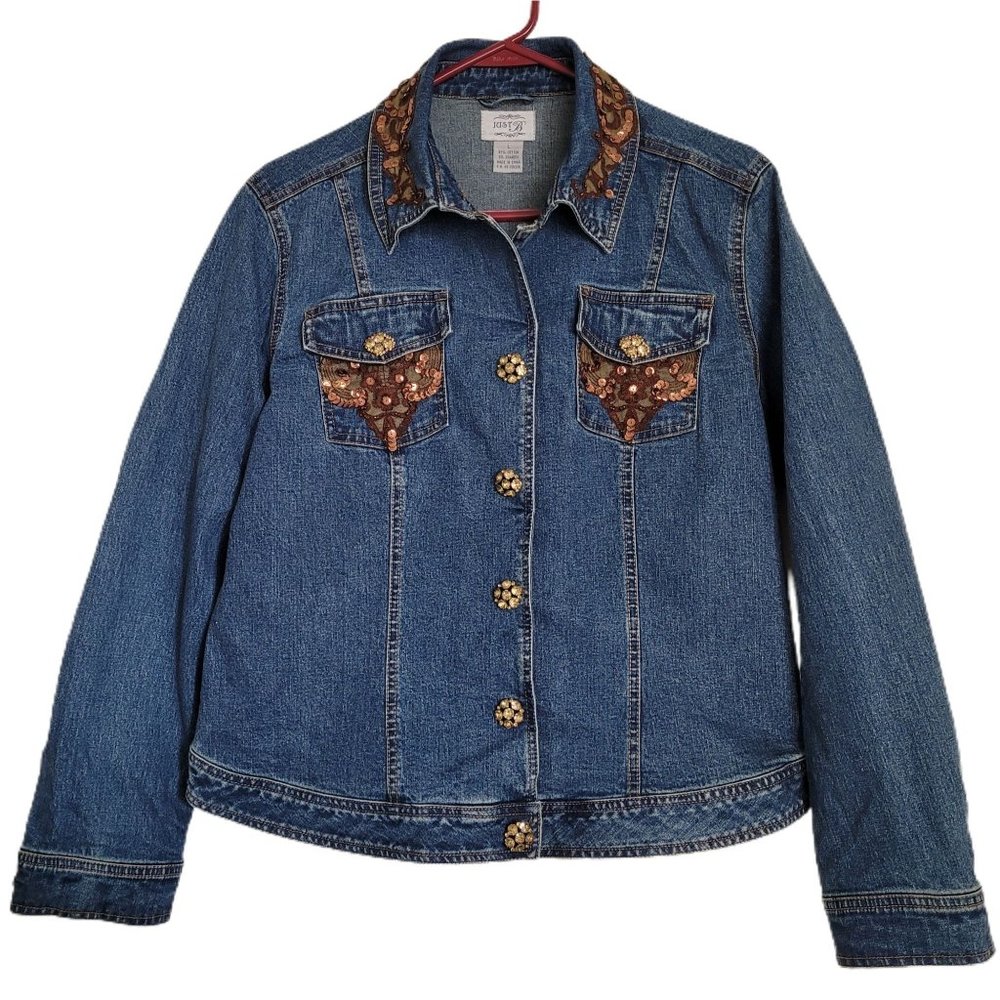 Women's Jean Jacket Sequins and Lace Denim Jacket Just B Size Large